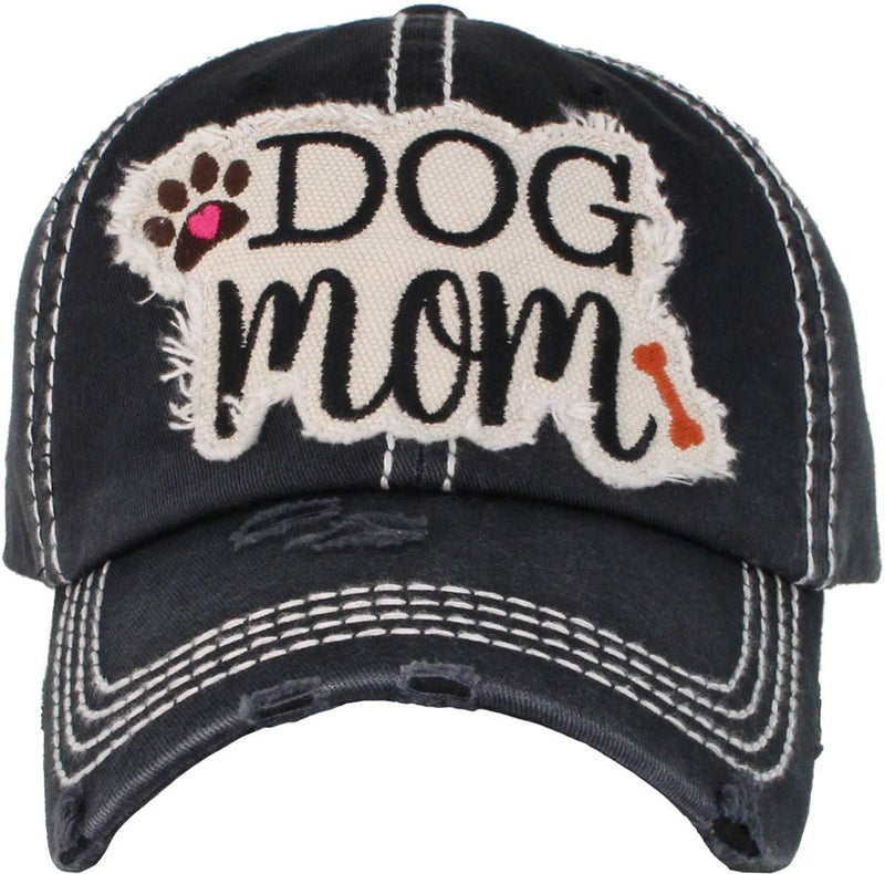 Funky Junque Distressed Baseball Cap Vintage Women Dad Hat - Dog Mom Patch (Black) - Image 1